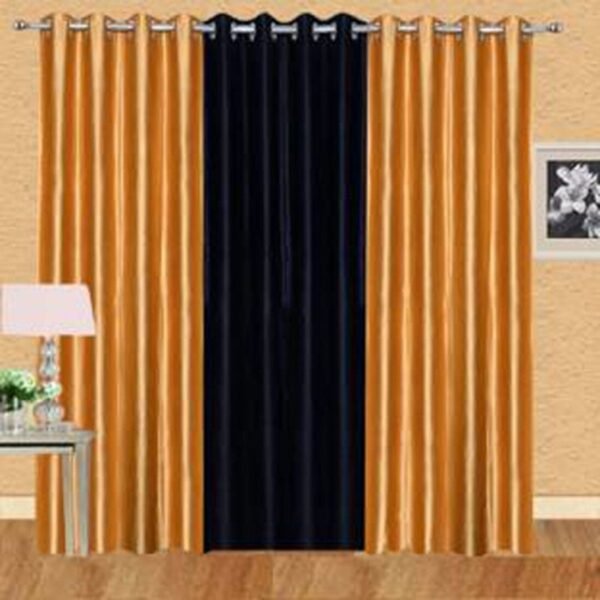 IDOLESHOP 9 Ft Long Door Polyester Blackout Curtains (274 cm) – Golden & Black Combo | Pack of 3