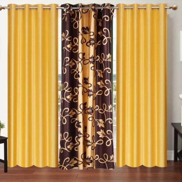 IDOLESHOP 214 cm (7 ft) Door Polyester Room Darkening Curtain (Pack of 3) – Yellow & Printed Design
