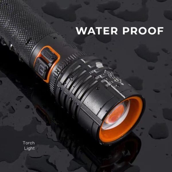 IDOLESHOP 50W Zoomable Metal Flashlight – 5 Modes Super Bright Cree T6 LED Torch (Black & Orange, 13.5 cm, Rechargeable)