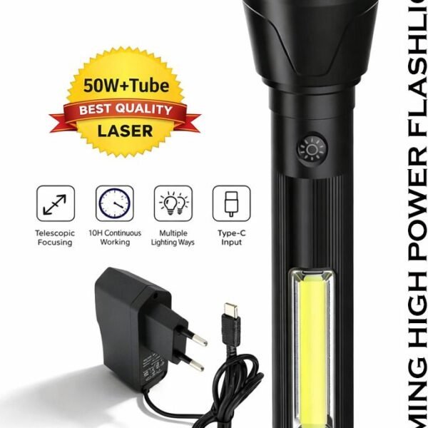 IDOLESHOP Zoomable 50W Long Range Home Emergency Torch Light with 3 Modes + Side COB Torch
