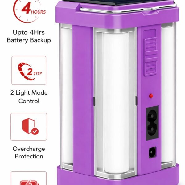 IDOLESHOP Mini 360° Rechargeable 4 Side Tube Emergency Lantern (Purple) – DC & Solar Powered | 2 Light Modes | 4 Hours Backup