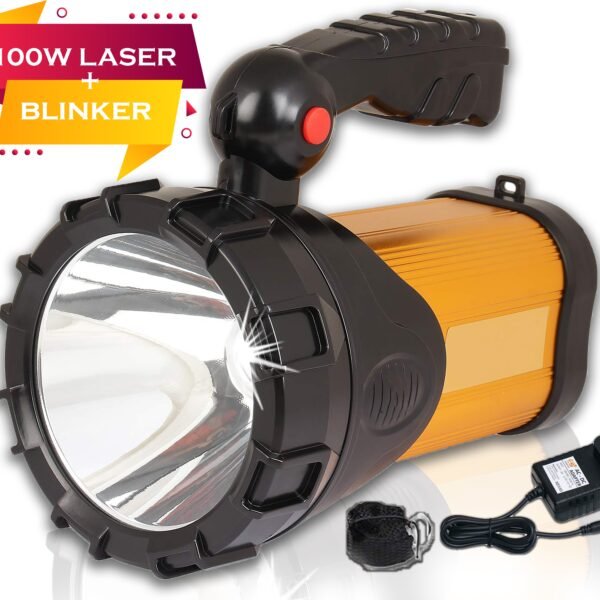 IDOLESHOP 100W Rechargeable Waterproof Laser Long-Range Search Light Torch (Gold & Black, 23 cm)