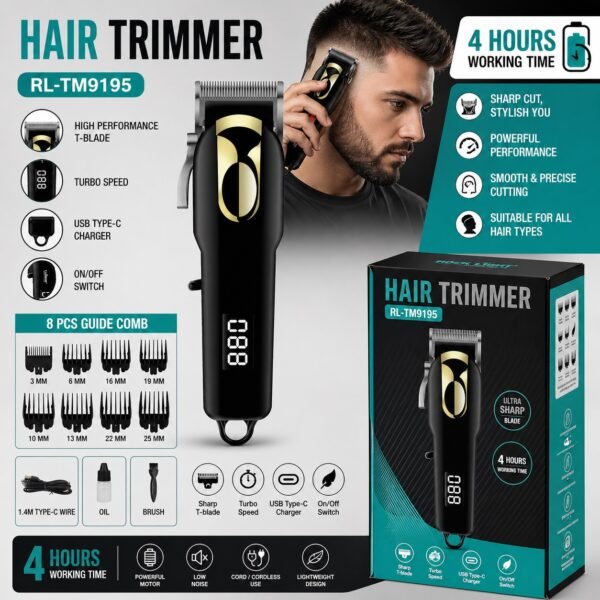 IDOLESHOP Hair Trimmer RL-TM9195 – High Performance T-Blade, Turbo Speed, USB Type-C Charging