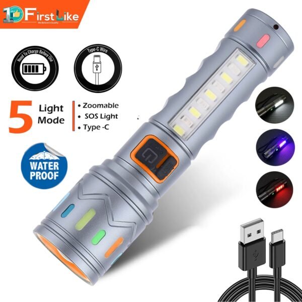 IDOLESHOP 50W Zoomable Metal LED Torch – 5 Modes Rechargeable Flashlight (Silver, 14 cm)