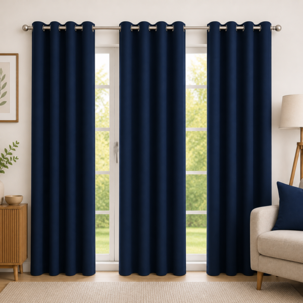 IDOLESHOP 213.5 cm (7 ft) Polyester Semi-Transparent Door Curtains (Pack of 3) – Premium Navy Blue Light Filtering Eyelet Curtains for Living Room, Bedroom & Balcony