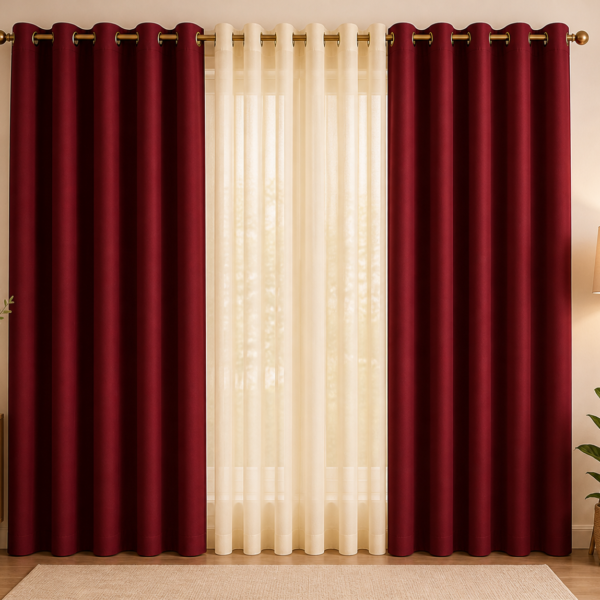 IDOLESHOP 213.5 cm (7 ft) Door Polyester Room Darkening Curtain with Sheer Panel (Pack of 3, Maroon & Beige)
