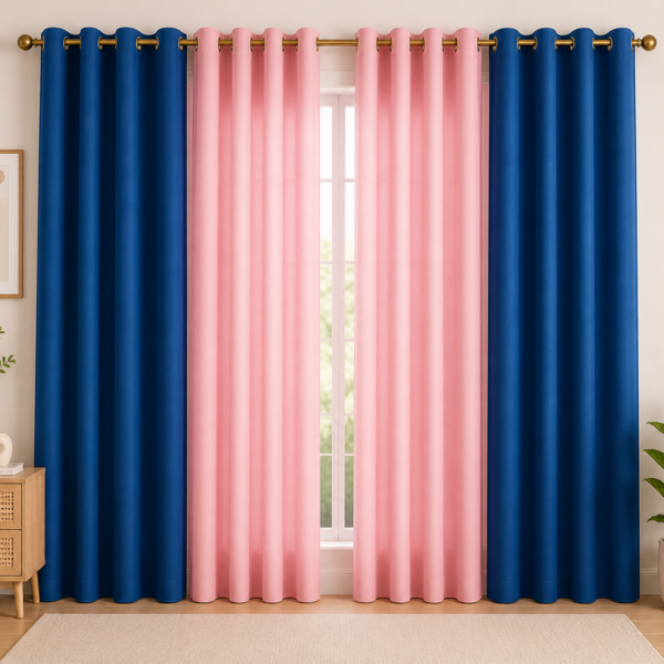 IDOLESHOP 274.5 cm (9 ft) Long Door Polyester Blackout Curtain with Eyelets (Pack of 4, Royal Blue & Pink)