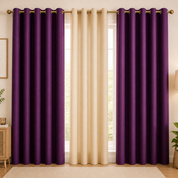 IDOLESHOP 274.5 cm (9 ft) Long Door Polyester Room Darkening Curtain with Eyelets (Pack of 3, Purple & Beige)