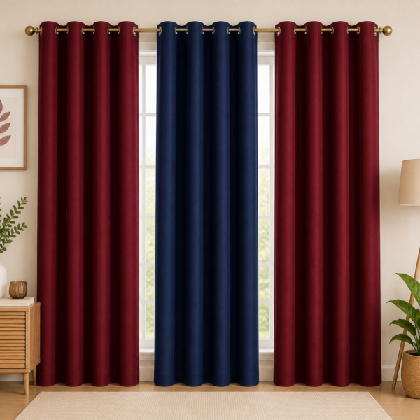 IDOLESHOP 274.5 cm (9 ft) Long Door Polyester Blackout Curtain with Eyelets (Pack of 3, Maroon & Navy Blue)