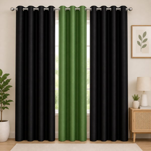 IDOLESHOP 274.5 cm (9 ft) Long Door Polyester Blackout Curtain (Pack of 3) – Elegant Triple Panel Design (Black & Green)