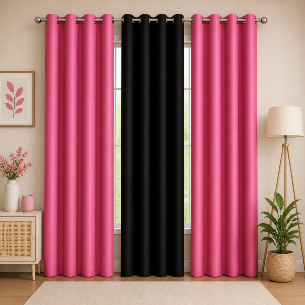 IDOLESHOP 213.5 cm (7 ft) Door Polyester Semi Transparent Curtain (Pack of 3) – Pink & Black Elegant Window Drapes