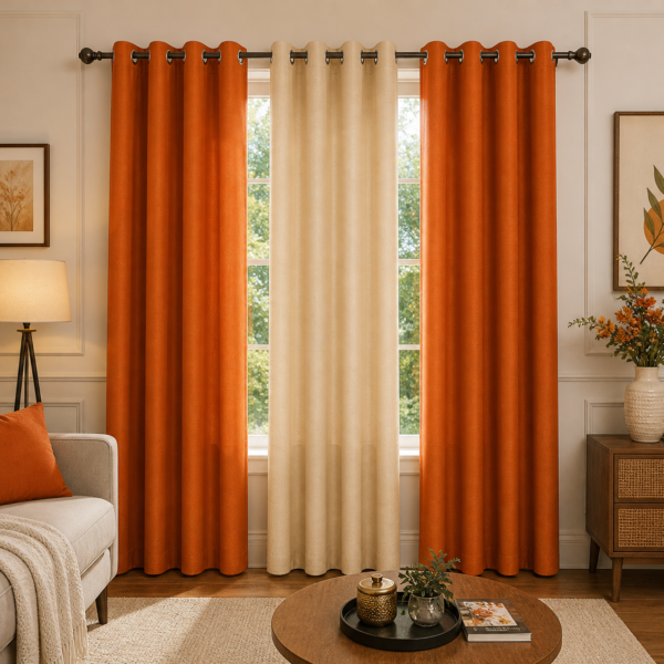 IDOLESHOP 213.5 cm (7 ft) Door Polyester Blackout Curtains – Pack of 3 | Orange & Beige Curtains with Eyelets