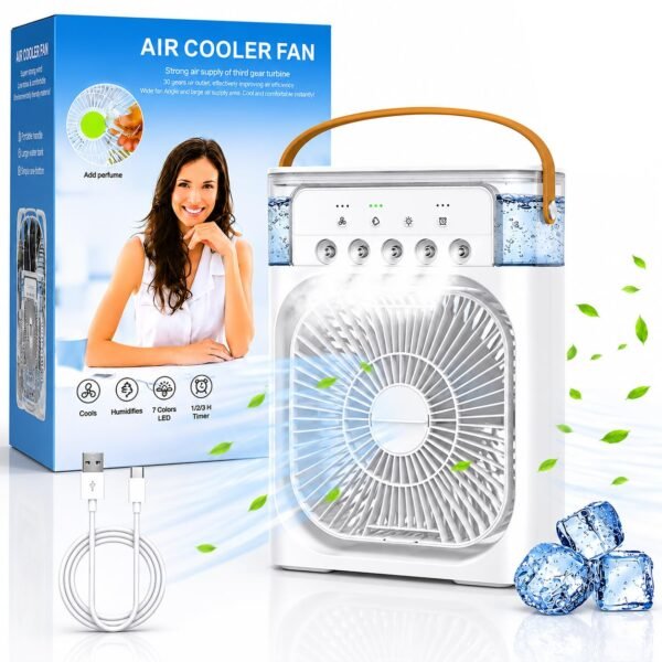IDOLESHOP Portable Air Cooler Fan – Personal Cooling with 7-Color Light for Room, Kitchen, Home & Office Desk | USB Cable, 3 Wind Speed Mode with Cooling Misting Fan (White)