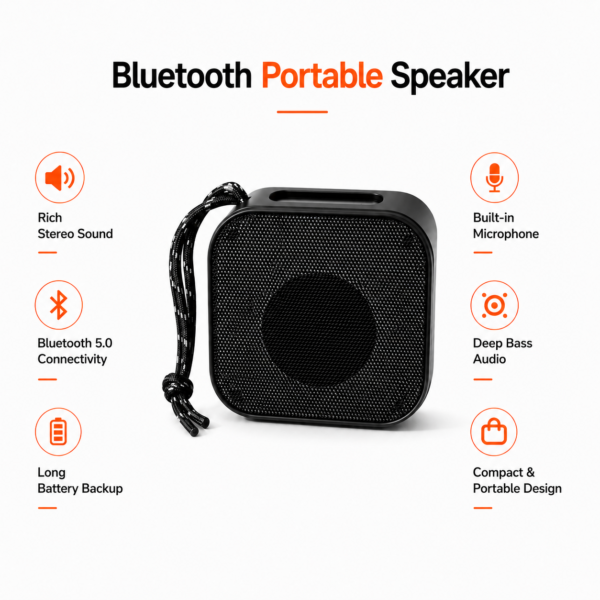 FIRSTLIKE Pocket Portable Wireless Bluetooth Speaker | Compact Stereo Sound Speaker with Rechargeable Battery & Carry Strap (Black)