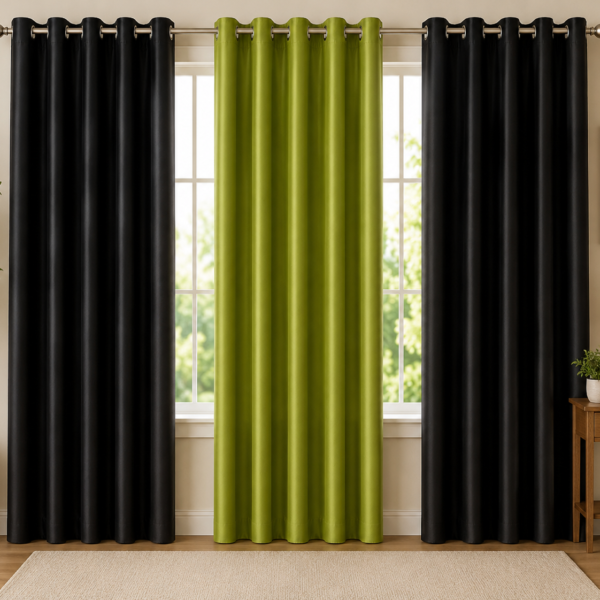 IDOLESHOP Premium Black & Olive Green Polyester Room Darkening Curtains for Living Room, Bedroom & Modern Home Décor – Elegant Triple Panel Eyelet Window Curtains, Light Blocking, Privacy Enhancing & Thermal Insulated Drapes (Pack of 3)
