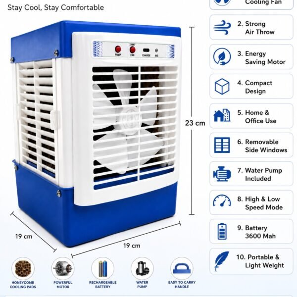 IDOLESHOP Portable Mini Air Cooler with Type-C Charging, 3600mAh Rechargeable Battery, High-Speed Cooling Fan, Water Pump Included, Strong Air Throw, Dual Speed Mode, Compact Personal Air Cooler for Home & Office